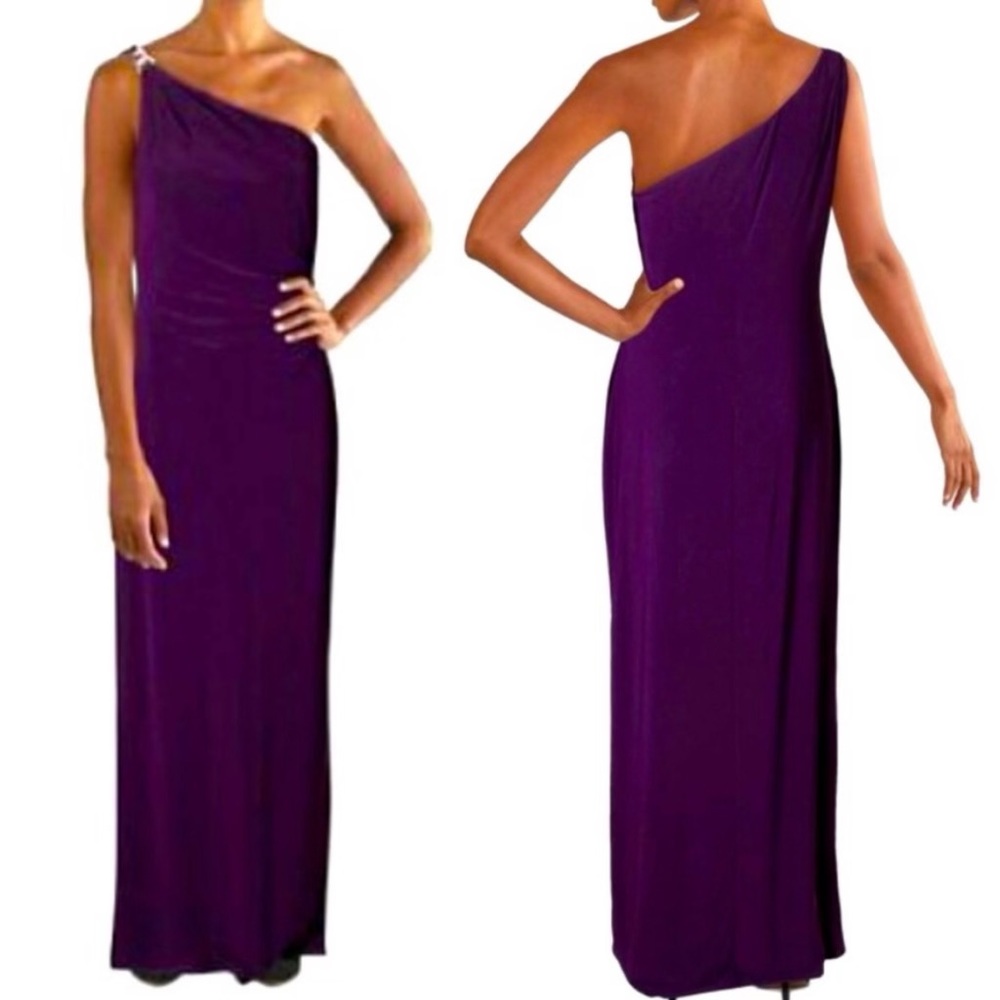 NWT Lauren Ralph Lauren Embellished One Shoulder Jersey Dress Purple